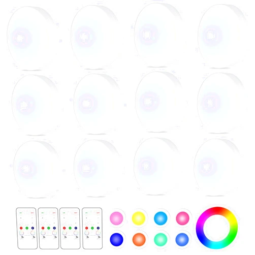 Yiliaw 12 Pack LED Puck Lights Remote Control 16 Color Changeable Under Cabinet Lights, Battery Operated Lights Night Light with Dimmer & Timmer for Closet Bedroom Kitchen, White