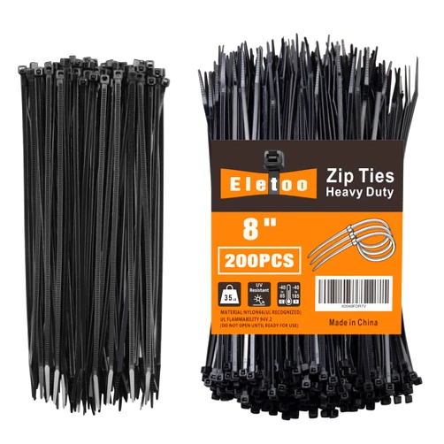 Eletoo 8 Inch Black Zip Ties (200 Pack), 35 LBS Tensile Strength, Self-Locking Nylon PA66 UV Resistant Cable Ties for Indoor and Outdoor Use