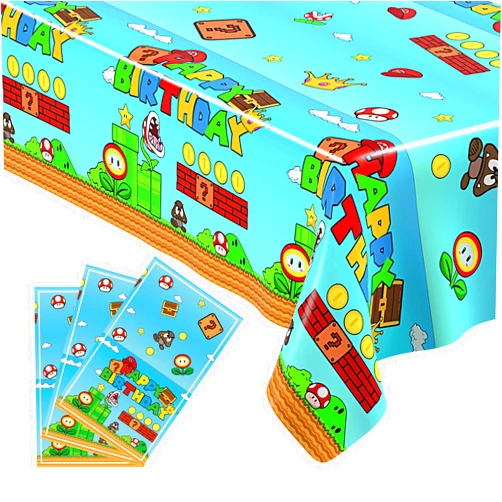 BACOKEY 3 PCS Super Brothers Party Tablecloth, Plastic Disposable Video Games Table Cover for Video Games Birthday Party Decorations Supplies, 108in x 54in