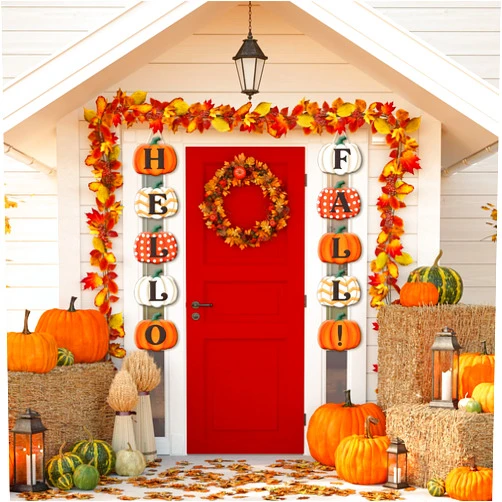 Whaline 10Pcs Fall Decoration Pumpkin Wall Decor Thanksgiving Hanging Signs Hello Fall Pumpkin Paper Door Banner with String Glue Point for Autumn Harvest Home Porch Door Decor Party Supplies