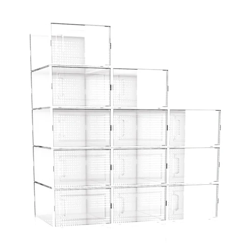WAYTRIM Stackable Shoe Storage Boxes, 12 Pack Organizer for Closet Clear Plastic Stackable Space Saving Sneaker Drop Front Container Bins Fit to Size 10 - Clear White