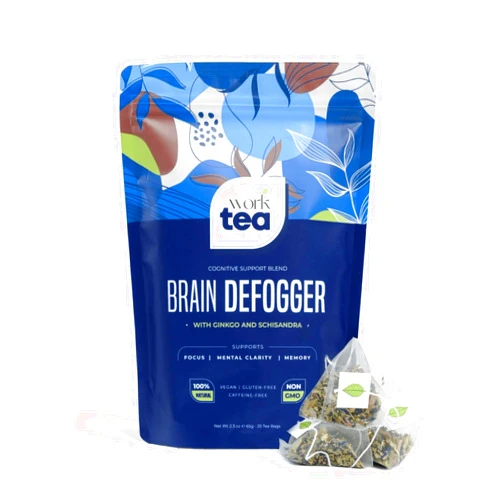 WORK TEA Brain Defogger Herbal Tea Bags • Supports Memory & Focus • With Ginkgo Biloba, Hibiscus & Blue Butterfly Pea Flower • Refreshing, Tangy, & Caffeine-Free • 100% Natural (25 Pyramid Tea Bags)