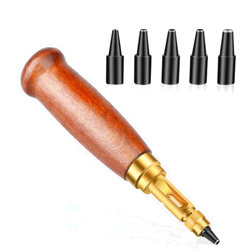 TLKKUE Adjustable Leather Hole Punching Tool Automatic Puncher with Wooden Handle Hollow Hole Punch with 6 Tips Size (1.5mm/2mm/2.5mm/3mm/3.5mm/4mm) for Leather Belt, Bag, Wristband