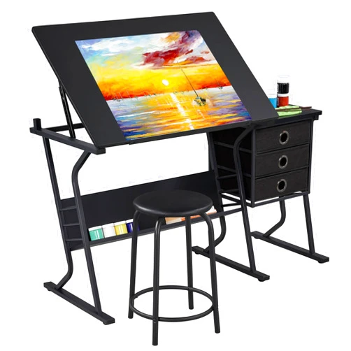 Yaheetech Drafting Table for Adults/Artists, Drawing Desk, Tabletop Adjustable Art/Craft Desk with Stool and 3 Slide Drawers, Sketching Painting Artwork Station for Art Studio Home Office School