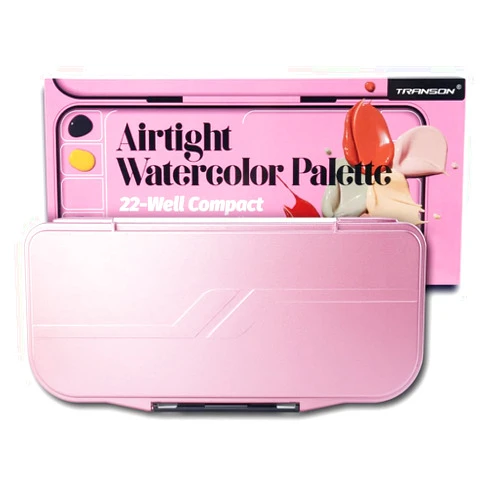 Transon Watercolor Palette Folding with Lid 18wells 2 Mixing Areas and 1 Large Mixing Tray Also for Gouache Acrylic Paint Palette Metallic Pink