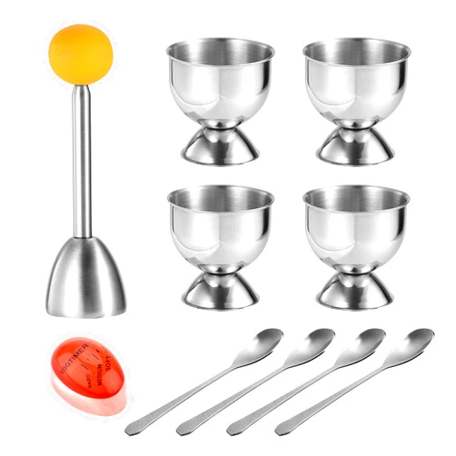 MOLFUJ Egg Cup Topper Set, 4 Stainless Steel Egg Cups for Soft Boiled Eggs with Spoons, Egg Shell Opener & Egg Timer, Perfect Egg Holder & Cutter Tool for Breakfast