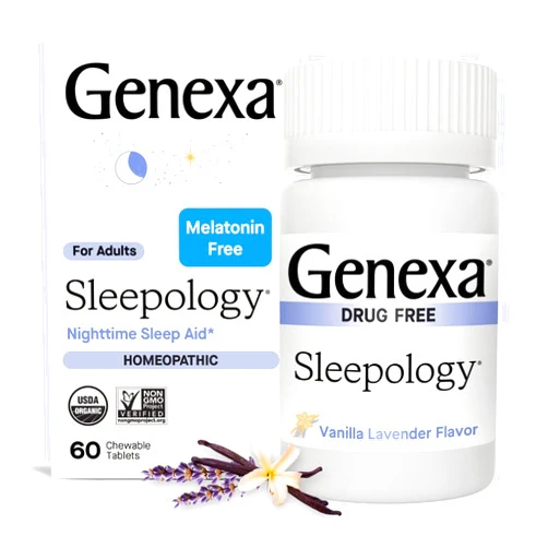 Genexa Sleepology for Adults | Melatonin Free Sleep Aid | Promotes Rest | Natural Vanilla & Lavender Flavor | Certified Organic & Non-GMO | Homeopathic Remedy Made Clean | 60 Chewable Tablets​
