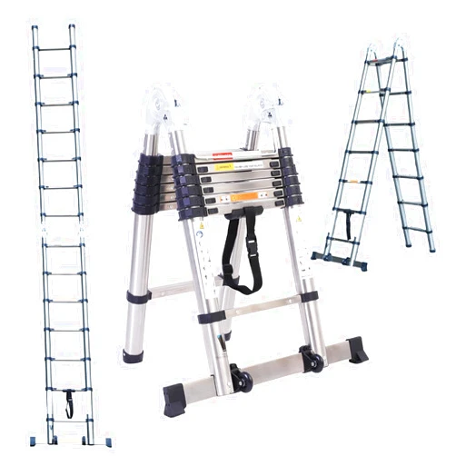 BOWEITI Telescoping Extension Ladder,14.5FT Telescoping A Frame Ladder with Movable Wheel,Household Use Stainless Steel Folding Ladder,Multi-Purpose Collapsible Ladder for Outdoor Work