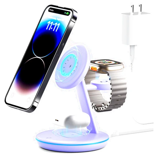 PEXXUS 3 in 1 Charging Station for Apple Devices, Mag - Safe Charger Stand,15W Fast Magnetic Charger Wireless Compatible for iPhone 15 14 13 12 Pro/Max/Plus/Mini,AirPods Pro/3/2,iWatch 9/8/7/6/SE/5/4/3/2