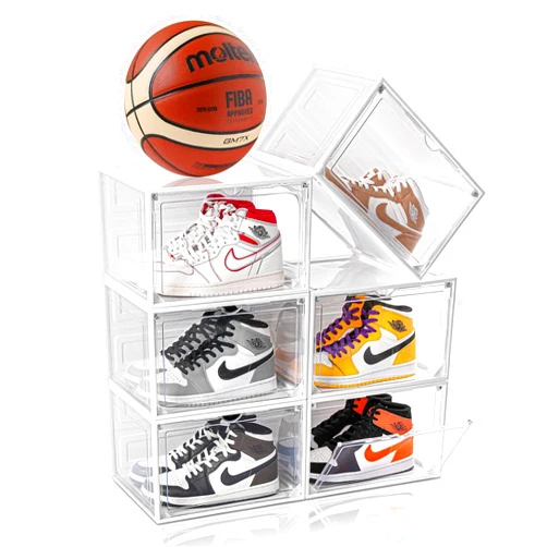 CKHXR 6 Pack Large Clear Shoe Storage Organizer,Stackable Shoe Rack for Closet,Plastic Shoe Boxes with Magnetic Door,Drop Side Shoe Containers for Entryway,Fit up to US Size 13(white, 6 Pack)