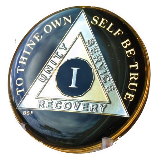 Bright Star Press 1 Year Classic Black AA Alcoholics Anonymous Medallion Sobriety Chip Tri Plate Gold & Nickel Plated Serenity Prayer