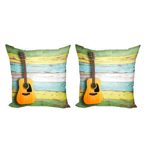 Ambesonne Music Decorative Throw Pillow Case Pack of 2, Acoustic Guitar on Colorful Painted Aged Wooden Planks Rustic Country Design Print, Couch Bedroom Living Room Cushion Cover, 16