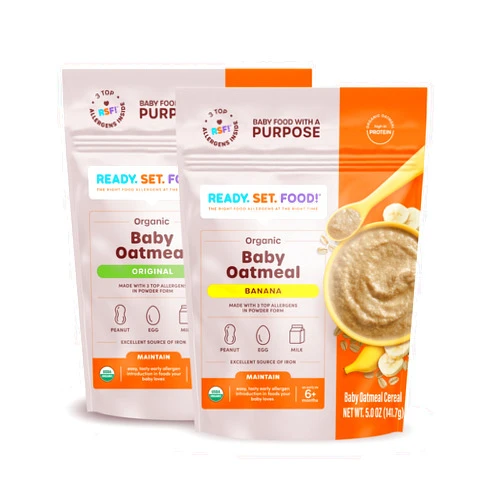 Ready, Set, Food! Ready Set Food Organic Baby Oatmeal Cereal – Safe & Easy Early Allergen Exposure for Babies 6+ Months, Organic Baby Food with 3 Top Allergens: Organic Peanuts, Egg, and Milk (Variety, 2-Pack)