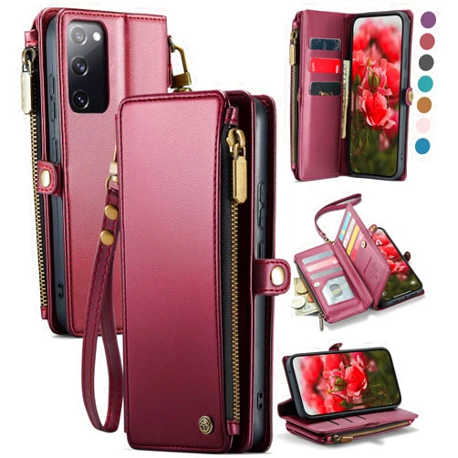 Defencase Compatible with Samsung Galaxy S20 FE 5G Case Wallet with RFID Blocking Card Holder for Women, PU Leather Magnetic Snap Flip Zipper Strap Wallet Phone Case Fit for Galaxy S20 FE 5G, Wine Red