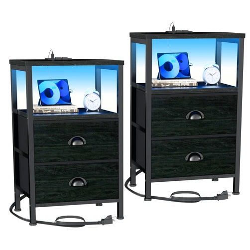 Furologee Nightstands Set of 2, End Tables with Charging Station and LED Lights, Black Night Stands with 2 Fabric Drawers, Bedside Tables Set of 2 for Living Room/Bedroom,Black Oak