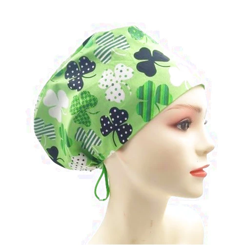 Genie Scrub Caps Large Floral Women's Euro Scrub Adjustable Work Cap (Clover Happy St. Patrick's Day)