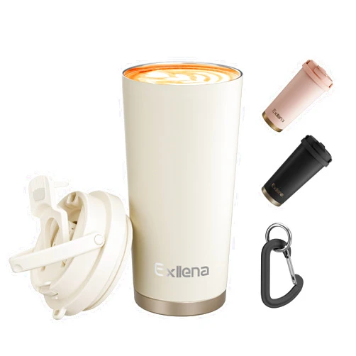 Exllena Travel Mug - Insulated Coffee Cup 500ml with Three-in-One Lid - 100% Leakproof Coffee Mug with Handle and Clip Perfect for Travel, Office, and Outdoor Activities...(Beige)
