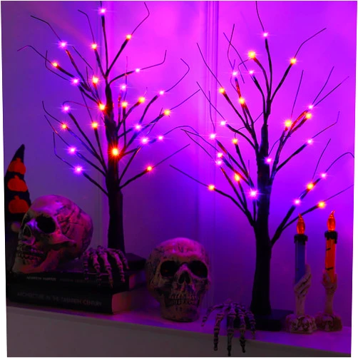 Efunly 2 Pack 24 Inch Halloween Black Spooky Tree with Orange & Purple Lights, USB&Battery Operated Tabletop Halloween Black Tree with Timer for Halloween Decorations Indoor Home Holiday Party