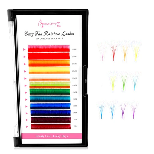 Beauty7 Colored Lash Extensions Rainbow Lashes Easy Fan 12 Colors Lashes Self Fanning Ombre Lash Extensions D+ Curl 0.05mm thickness 15mm Dramatic Eyelashes Extension