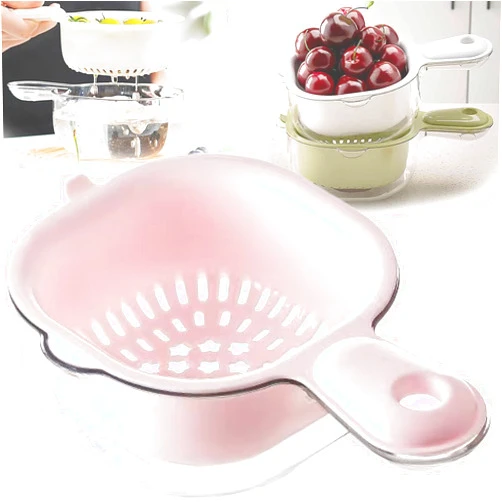 FPLL Kitchen Dual-Layer Draining Basket With Handle, Fruit Strainer Dual-Layer, Double Drain Plastic Fruit Washing Strainer Bowl, Watermelon Bowl With Strainer For Mini Berry Tomato Grape Washer (pink)