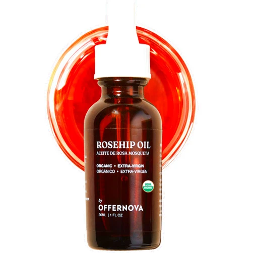 Offernova Organic Rosa de Mosqueta Oil- USDA Certified Rosehip Seed Oil Pure Cold Pressed, Repairs & Brightens Skin - Gua Sha Massage, Face, for All Skin Types - Aceite Facial 1OZ
