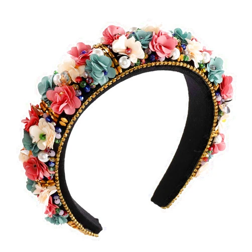 CENAPOG Baroque Crystal Rhinestone Headbands Flower Padded Hairbands for Women Girls Pearl Colorful Bead Embellished Headbands Bejewelled Wide Velvet Hair Hoop for Wedding Bridal Parties (flower)