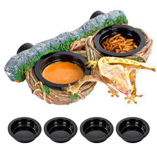 REPTI ZOO Magnetic Reptile Feeding Ledge, Gecko Feeder Ledge with 4PCS Cups, Hollow Vine Food Dish, Reptile Water Bowl for Bearded Dragon Lizard Snake, Reptile Terrarium Tank Accessories