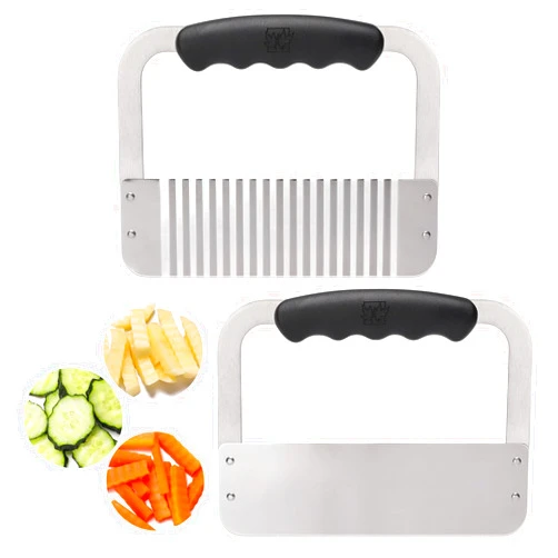 BURLIHOME Crinkle Cutter for Potatoes, Stainless Steel Potato Cutter and Bench Scraper Set,Wavy & Flat Vegetable Slicer,Heavy Duty French Fry Cutter (2Pcs, 7.5Inch)