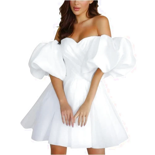 ZSHAOLHYJYZS Puffy Sleeve Satin Homecoming Dresses for Teens Off Shoulder Short Prom Dresses Sweetheart Cocktail Dress
