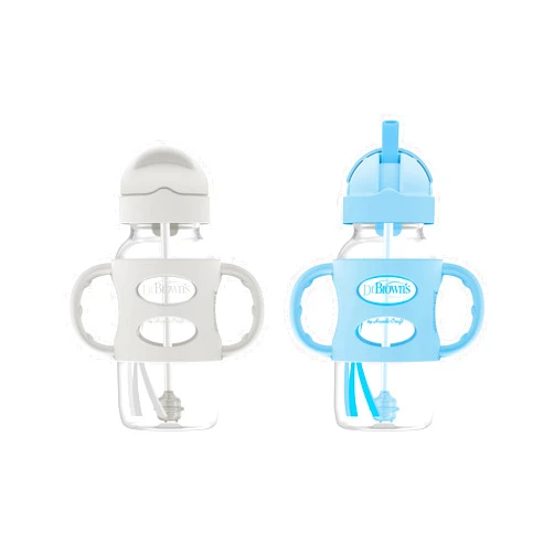 Dr. Brown's Milestones Wide-Neck Sippy Straw Bottle with 100% Silicone Handles and Weighted Straw, 9 oz/270 mL, Gray & Blue, 6m+