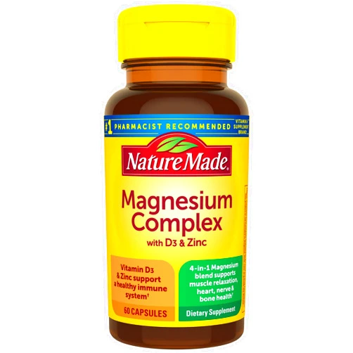 Nature Made Magnesium Complex with Vitamin D and Zinc Supplements, Magnesium Supplement for Muscle, Nerve, Heart & Bone Support with Vitamin D3 & Zinc for Immune Support, 60 Capsules, 30 Day Supply