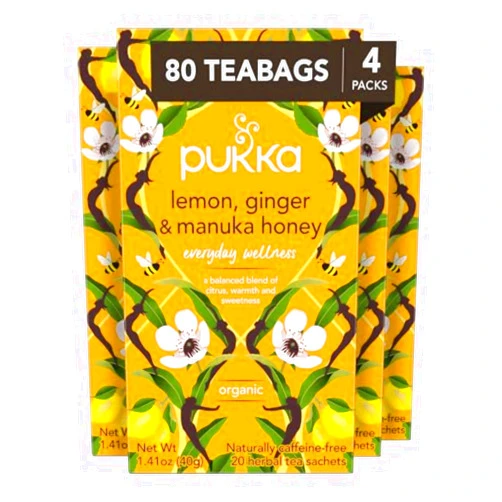Pukka Lemon, Ginger & Manuka Honey Organic Herbal Tea, Caffeine Free, Fair Trade, Kosher, USDA Certified Organic, 20 Tea Bags (Pack of 4)