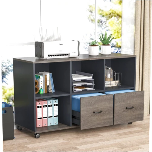 Tribesigns 2 Drawers Lateral File Cabinets, Home Office 43-inch Mobile Wood Filing Cabinet Printer Stand with Wheels and Open Storage Shelves,Drawers for Letter Size (Grey)