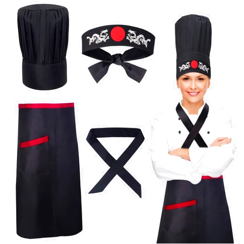 Keymall Hibachi Chef Hat Teppanyaki Tall Chef Cap with Hachimaki Headband Tie Apron for Hibachi Party Chef Costume