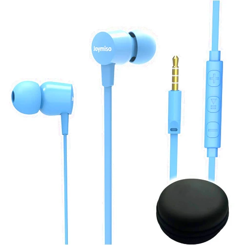 MOXKING Joymiso Tangle Free Earbuds for Kids Women Small Ears with Case, Comfortable Lightweight in Ear Headphones, Flat Cable Ear Buds Wired Earphones with Mic and Volume Control for Cell Phone Laptop (Blue)