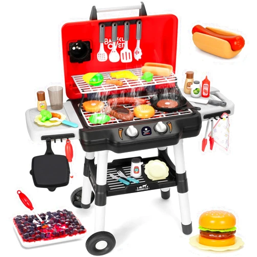 TooyBing Kids Play Kitchen Toys, Kids BBQ Grill Playset with Smoke Sound Light, 2-Layer Barbecue Toy with Wheels, Outdoor Play Food Toys Cooking Set for Toddlers 3-5, Birthday for Boys Girls