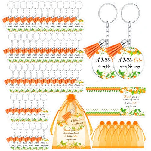 Quelay 48 Sets Little Cutie Baby Shower Party Favors with Orange Keychains Thank You Kraft Tags Orange Organza Bags for Gender Reveal Decorations Fruit Theme Birthday Party Supplies Gift for Guest