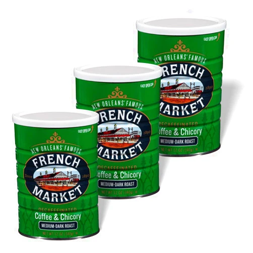 French Market Coffee Medium-Dark Roast Decaffeinated Ground Coffee & Chicory 12 oz. Canister (Pack of 3)