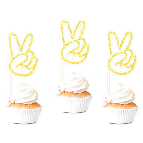 Spakon 24 Pieces Peace Sign Cupcake Toppers Peacekeeper Cupcake Picks Glitter Peace Hand Sign Cake Topper Decoration for 2nd Birthday Party Anniversary Supplies(Gold)