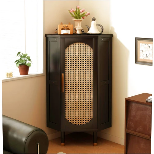 Smilkat Corner Shelf, Bamboo Storage Cabinet with Woven Doors, Multi-Tier Floor Standing Organizer for Living Room, Bedroom, Study Corner (Black,15.7