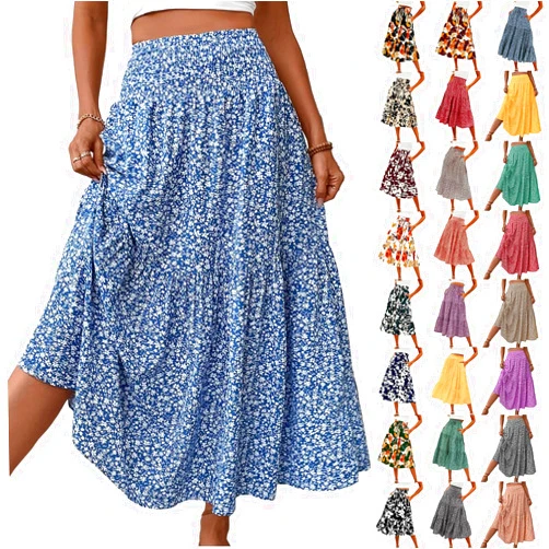 BIUMUET Boho Floral Maxi Skirt for Women 2025 Summer Elastic High Waist A Line Long Skirts Flowy Tiered Skirt with Pockets