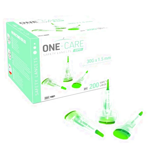 ONE-CARE 200 Count: ONE-CARE Opti Safety Lancets, Top Button Activated, 30G x 1.5mm, Auto-Retractable, Sterile, Single Use, Ideal for Blood Testing, Ultra-Thin for Comfort