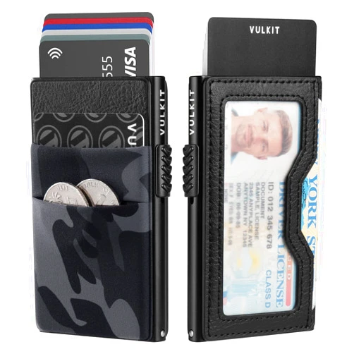 VULKIT Minimalist Wallet with ID Window & EDC Pocket Pop Up Card Holder RFID Blocking Slim Wallet Design for Airtag Cash Coins & Credit Cards