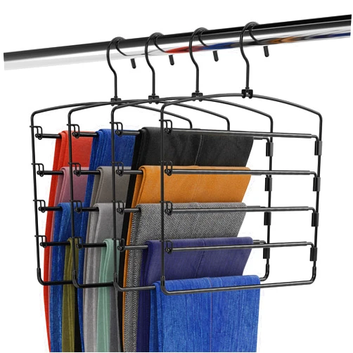 FONTAINES LUXURY GOODS Fontaines Luxury 5 Tier Pants Hangers 4 Pack - Ultra Slim & Space Saving - Heavy Duty Metal Swivel Hook with Swing Arm for Clothing, Jeans, Slacks, Skirts, Leggings & Dress Pant Closet Organization