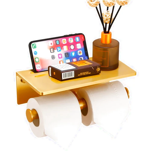Homely Trove Double Toilet Paper Holder with Shelf, Commercial Toilet Paper Roll Dispenser Wall Mount with Cell Phone Storage Rack, Aluminium Fits Mega Roll Dual Toilet Paper Tissue Holder Brushed Gold