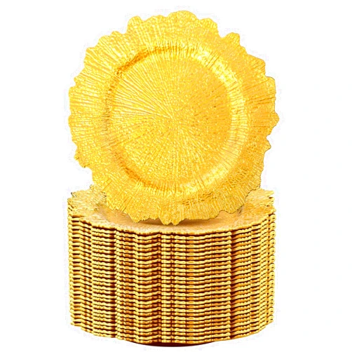 ACSUIT 50 Pcs Gold Charger Plates Bulk 12.6 Inch Plastic Wedding Chargers Decor with Floral Reef Design Round Ruffled Rim Dinner Charger Plates for Christmas Thanksgiving Party Event Supplies