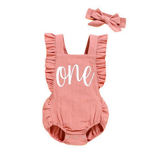 Shalofer Baby Girls One Year Old Outfits First Birthday Romper Cute Backless Ruffles Jumpsuit with Headband Pink 12-18 Months