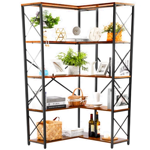 Rengue Bookshelf 5 Tier Corner Shelf, Large Modern Industrial Bookcase L Shaped Storage Display Rack with Heavy Duty Metal Frame for Home Office, Living Room, Bed Room