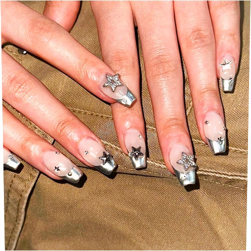 MISUD Press-on Nails, 24pcs Ballerina Medium Coffin, Silver Chrome French Tip, 3D Star Rhinestone, Glossy Metallic False Nails with Design ABS Acrylic Material