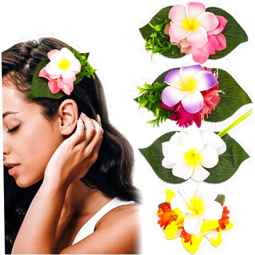 Ahoney 4 Pieces Plumeria Flowers Hair Clips for Women Girls, Hawaiian Artificial Flower Hair Barrettes Chiffon Flower Hair Pins Hair Accessories for Beach Luau Party Hairstyles Decor